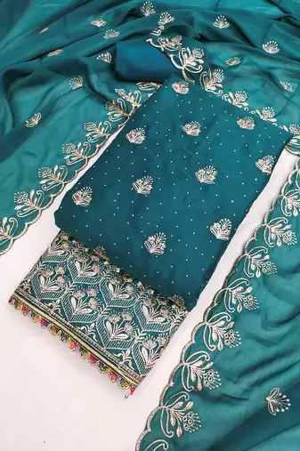Teal blue embroidered georgette unstitched dress material