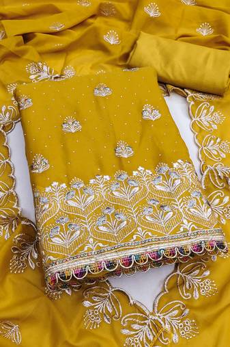 yellow  embroidered georgette unstitched dress material 