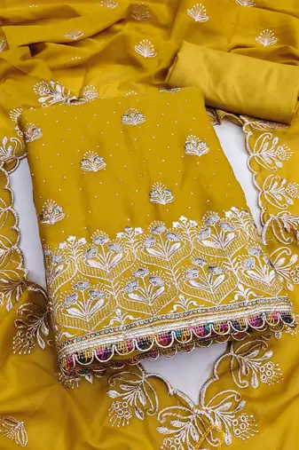 yellow  embroidered georgette unstitched dress material 