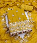 yellow  embroidered georgette unstitched dress material 