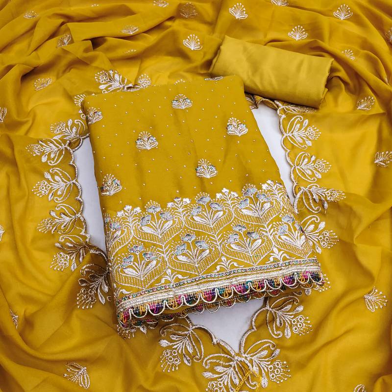 yellow  embroidered georgette unstitched dress material 