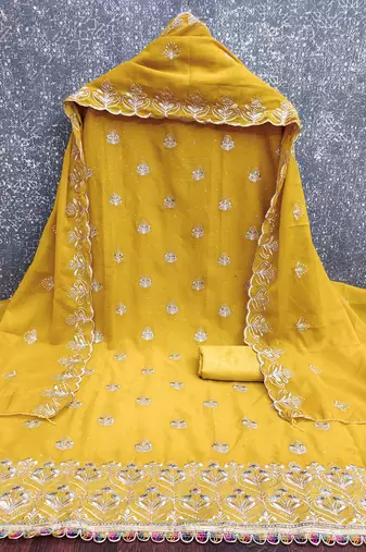 yellow  embroidered georgette unstitched dress material 