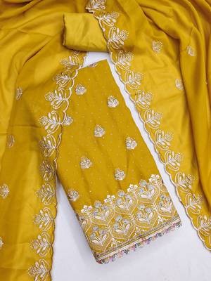 yellow  embroidered georgette unstitched dress material  3