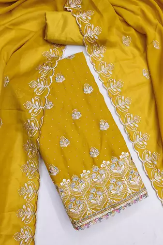 yellow  embroidered georgette unstitched dress material 