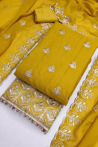 yellow  embroidered georgette unstitched dress material 