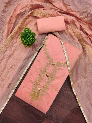 peach embroidered chanderi unstitched dress material  1