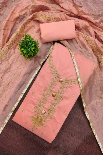 peach embroidered chanderi unstitched dress material 