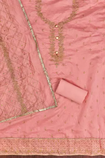 peach embroidered chanderi unstitched dress material 