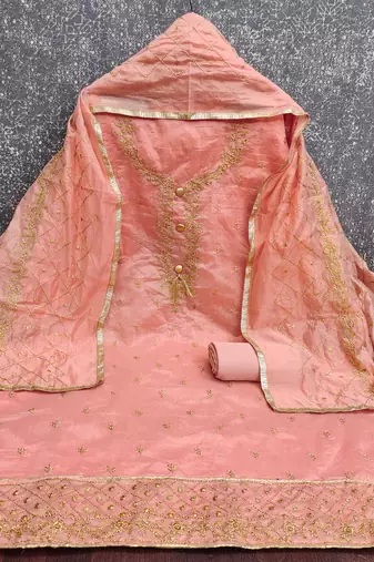 peach embroidered chanderi unstitched dress material 