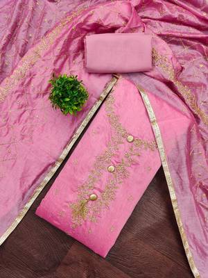 pink embroidered chanderi unstitched dress material  1
