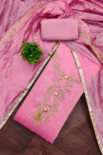 pink embroidered chanderi unstitched dress material 