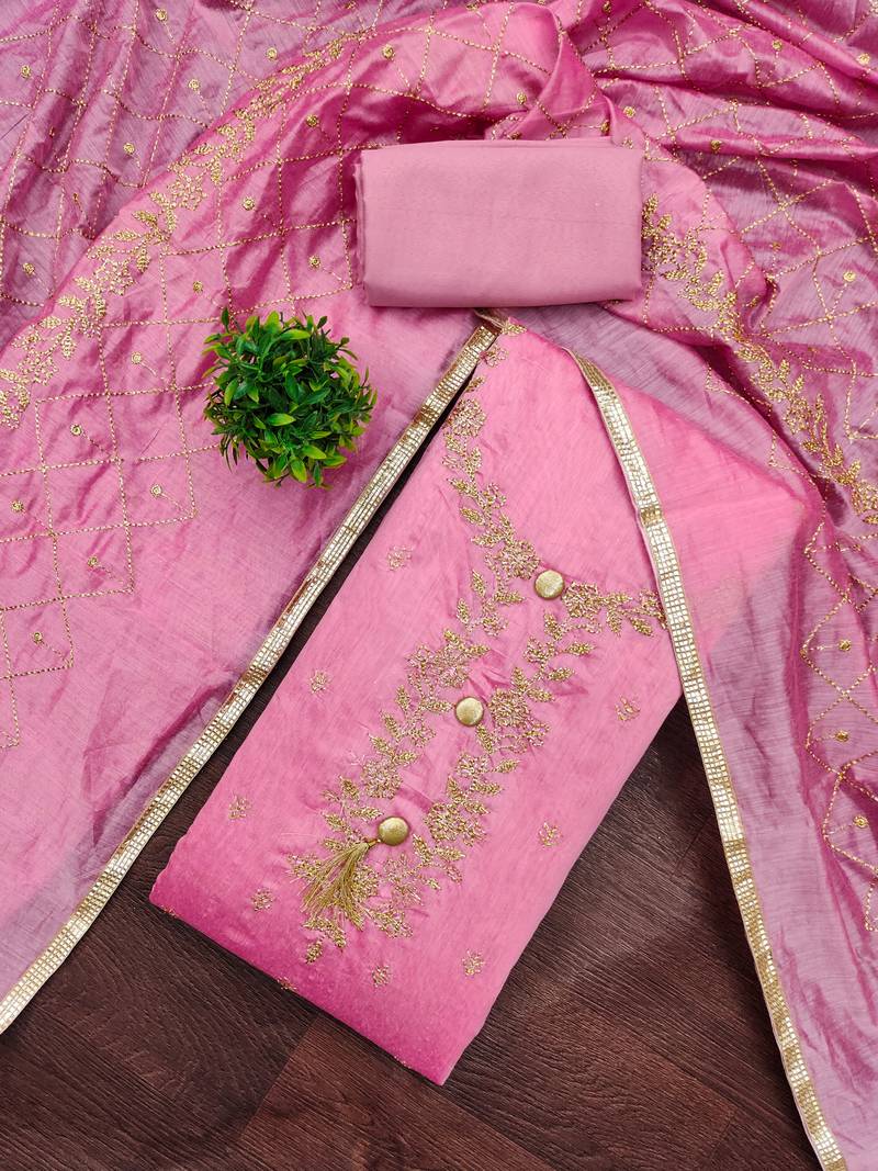 pink embroidered chanderi unstitched dress material 
