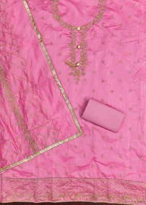 pink embroidered chanderi unstitched dress material  2