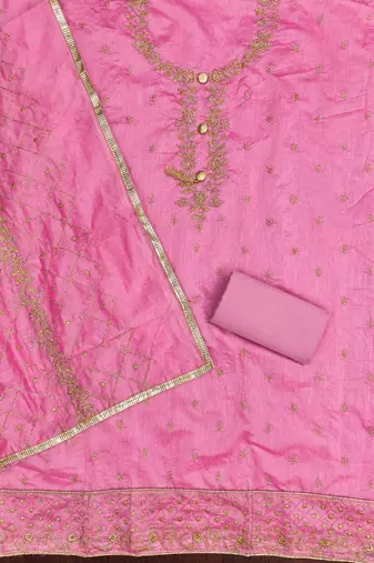 pink embroidered chanderi unstitched dress material 