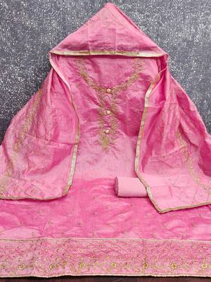 pink embroidered chanderi unstitched dress material  3