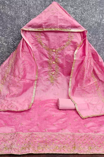 pink embroidered chanderi unstitched dress material 