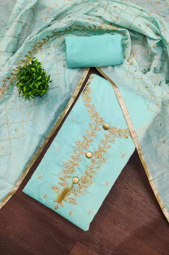 sky blue embroidered chanderi unstitched dress material 