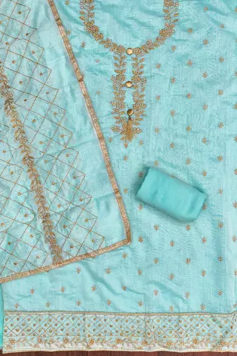 sky blue embroidered chanderi unstitched dress material 