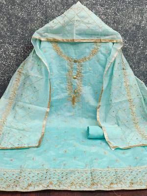 sky blue embroidered chanderi unstitched dress material  3