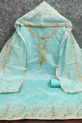 sky blue embroidered chanderi unstitched dress material 