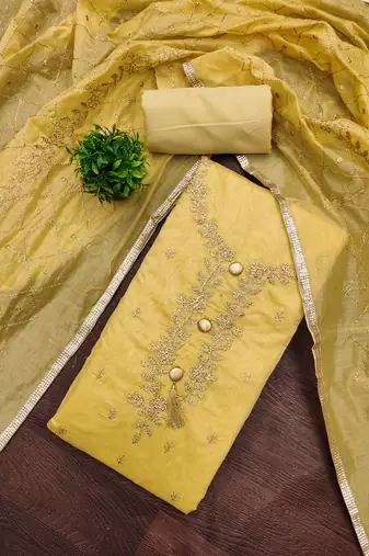 yellow  embroidered chanderi unstitched dress material 