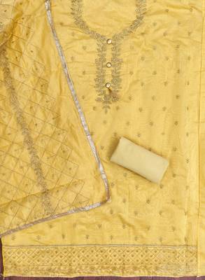 yellow  embroidered chanderi unstitched dress material  2