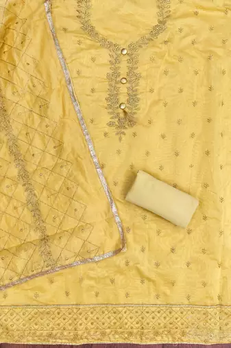yellow  embroidered chanderi unstitched dress material 