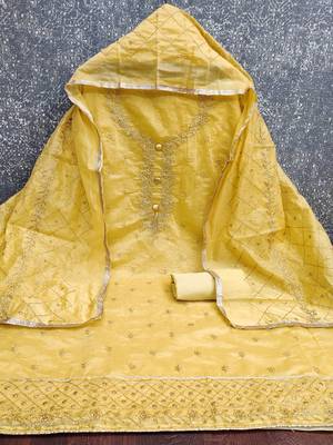 yellow  embroidered chanderi unstitched dress material  3