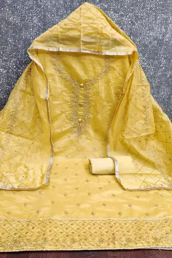 yellow  embroidered chanderi unstitched dress material 