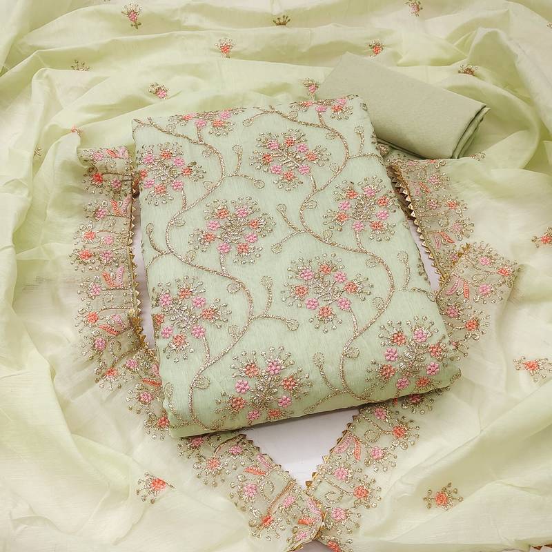 yellow embroidered chanderi unstitched dress material 