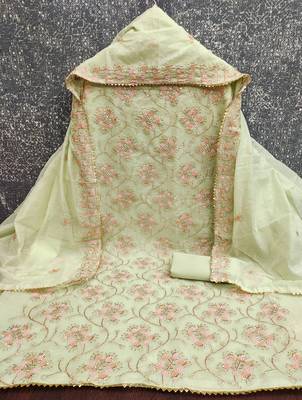 yellow embroidered chanderi unstitched dress material  2