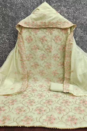 yellow embroidered chanderi unstitched dress material 