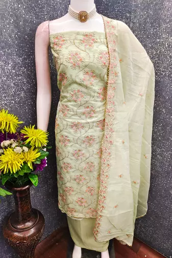 yellow embroidered chanderi unstitched dress material 