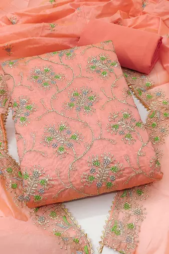 peach embroidered chanderi unstitched dress material 