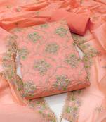 peach embroidered chanderi unstitched dress material 
