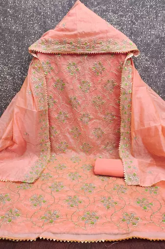 peach embroidered chanderi unstitched dress material 