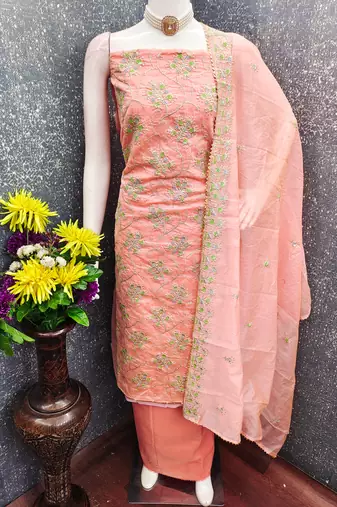 peach embroidered chanderi unstitched dress material 