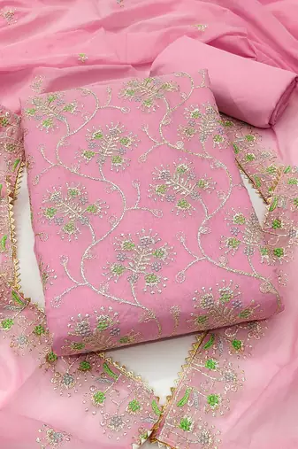 pink embroidered chanderi unstitched dress material 