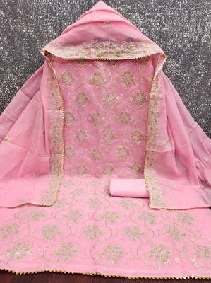 pink embroidered chanderi unstitched dress material  2