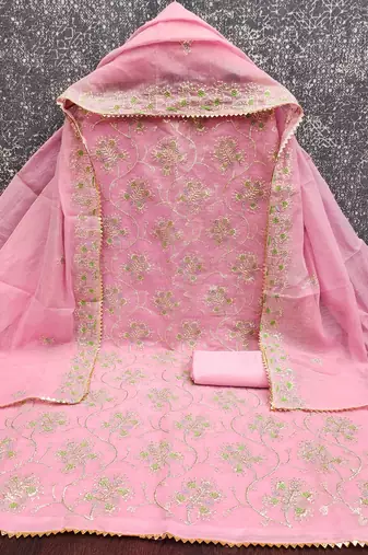pink embroidered chanderi unstitched dress material 