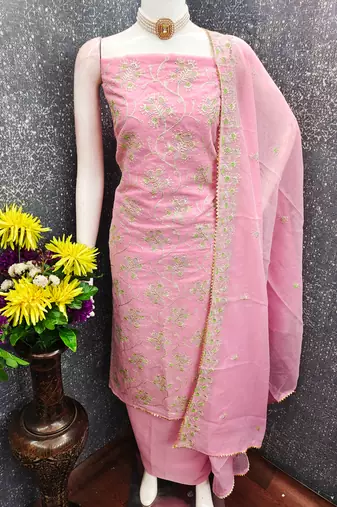 pink embroidered chanderi unstitched dress material 