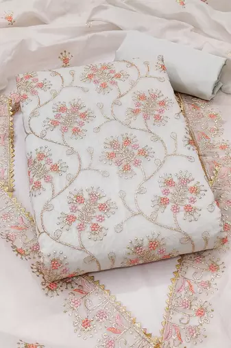 white embroidered chanderi unstitched dress material 