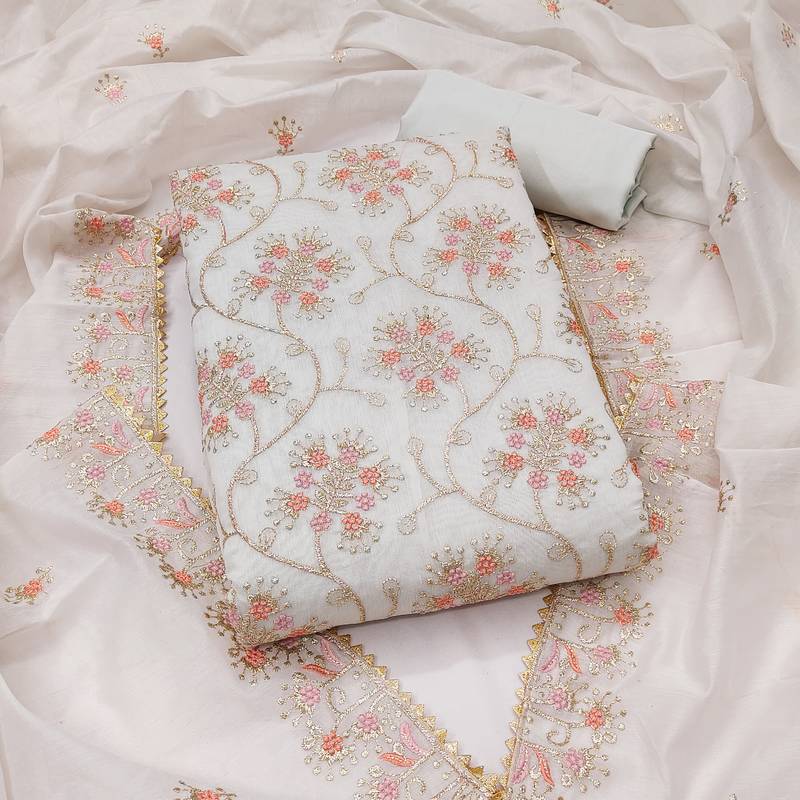 white embroidered chanderi unstitched dress material 
