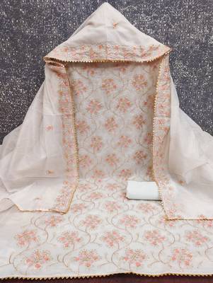 white embroidered chanderi unstitched dress material  2