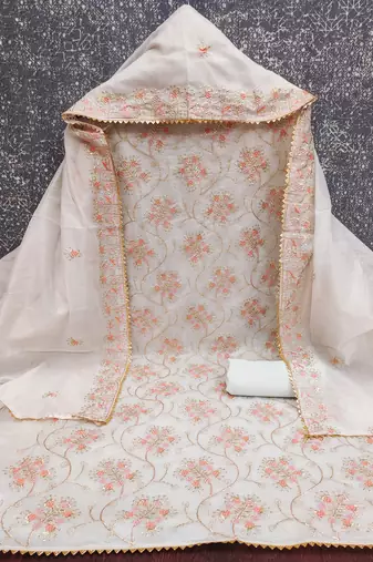 white embroidered chanderi unstitched dress material 