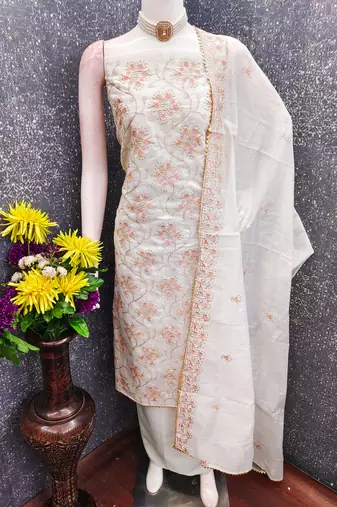 white embroidered chanderi unstitched dress material 