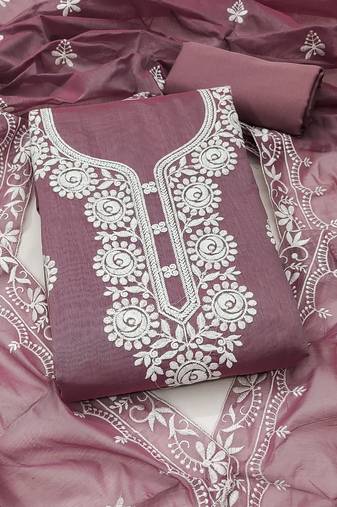 lavender embroidered chanderi unstitched dress material 