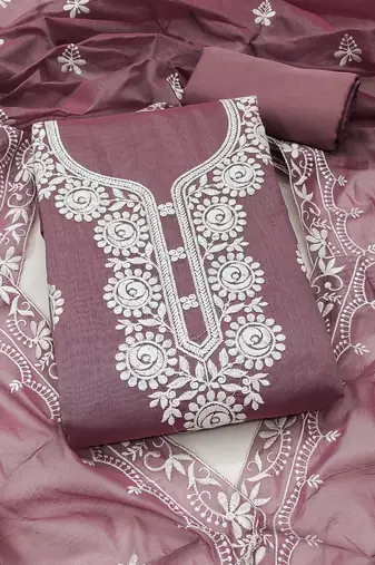lavender embroidered chanderi unstitched dress material 