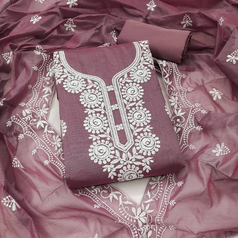 lavender embroidered chanderi unstitched dress material 
