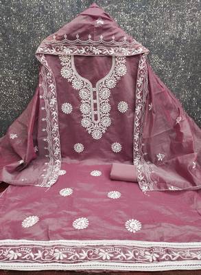lavender embroidered chanderi unstitched dress material  2